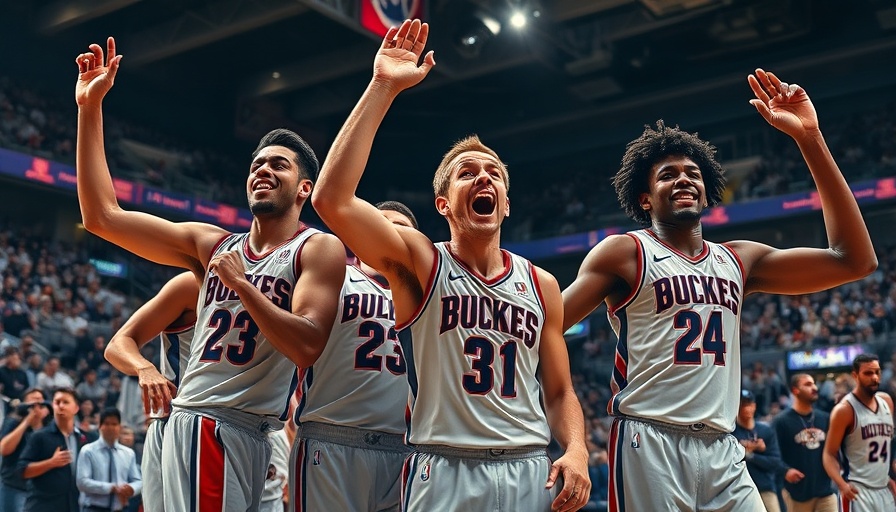 Basketball players celebrating with energy in vibrant arena lighting.