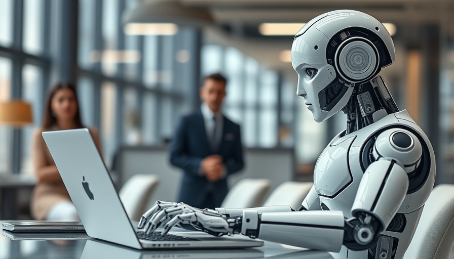 Futuristic robot working in office amid human coworkers.
