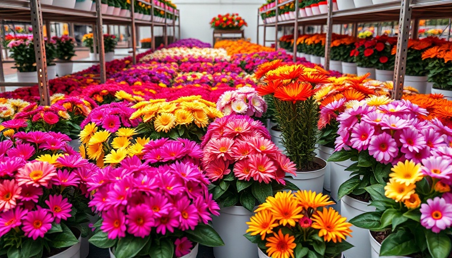 Colorful flowers in pots displayed in market setting, vibrant blooms.