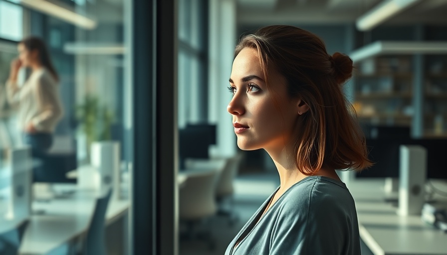 Young woman in office gazing out window, modern workspace.
