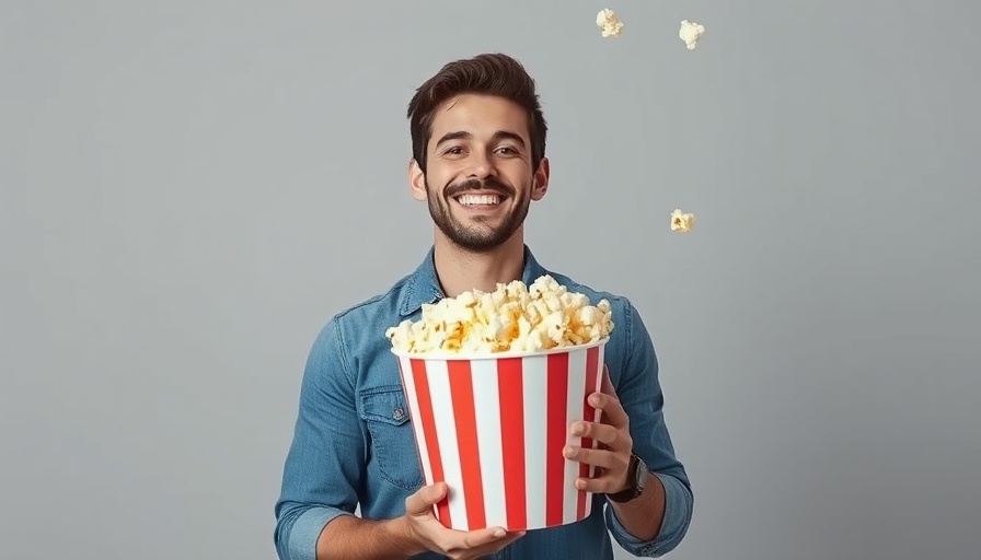 Cheerful man with popcorn ready for long-form video entertainment