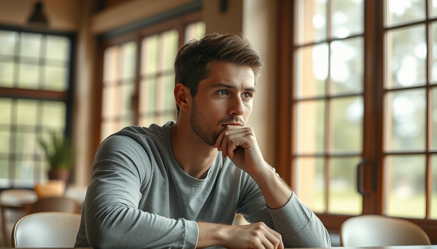 Young man sitting at a table indoors with a thoughtful expression.