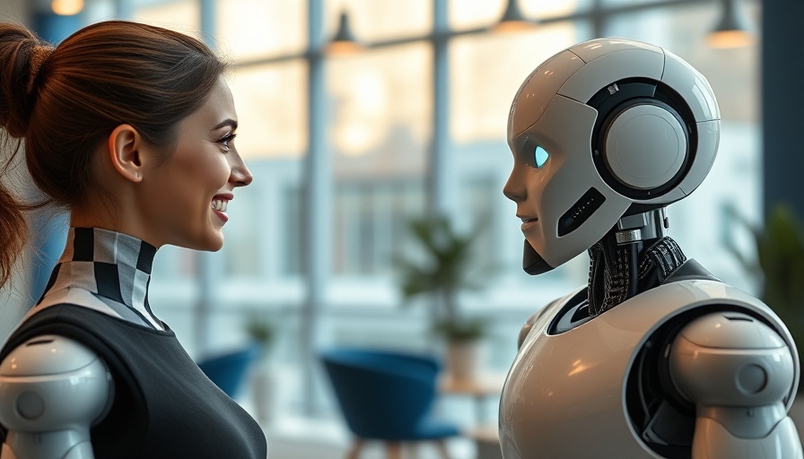 Young woman interacting with robot in modern workplace, illustrating fairness in AI-enabled workplaces.