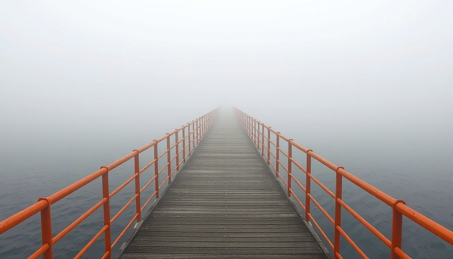 Foggy pier disappearing, symbolizing impact of tariffs on small business confidence.
