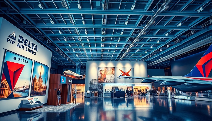 Delta Air Lines exhibit with vintage posters and airplane showcasing people-centric success.