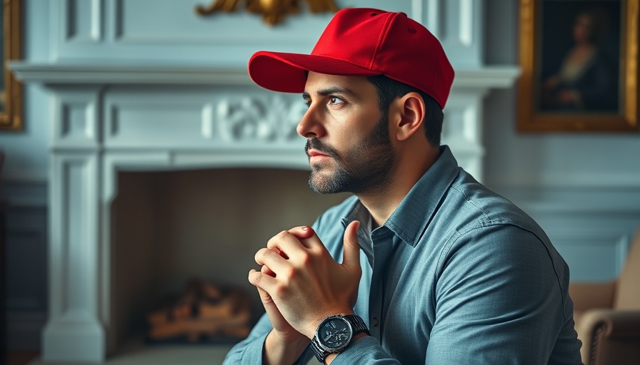 Contemplative man in red cap in elegant room with soft lighting.