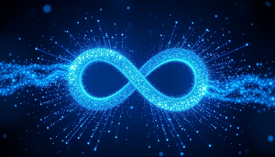 Abstract depiction of AI agents in cloud management with digital infinity symbol.