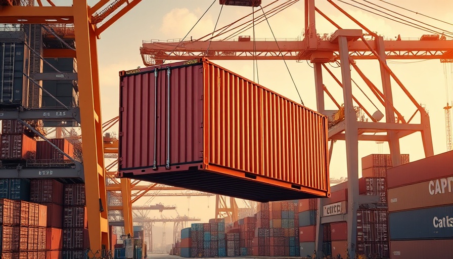 Shipping container in port with economic growth indicators.