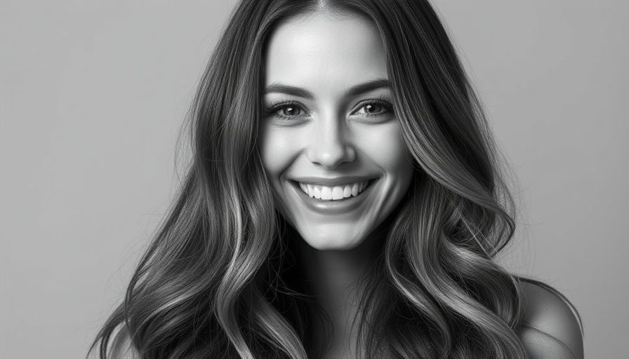 Monochrome portrait of a smiling woman with long hair.