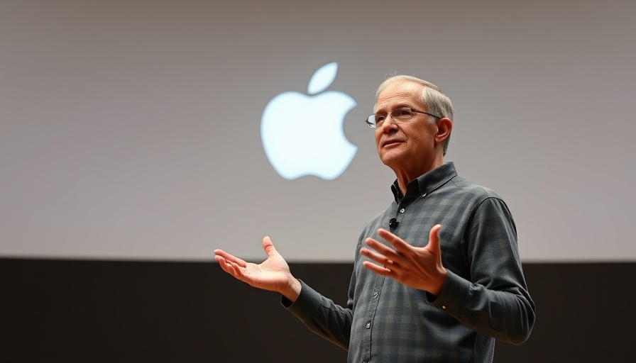 Confident man presenting on stage with Apple logo, exploring Apple vs Starlink satellite dominance.