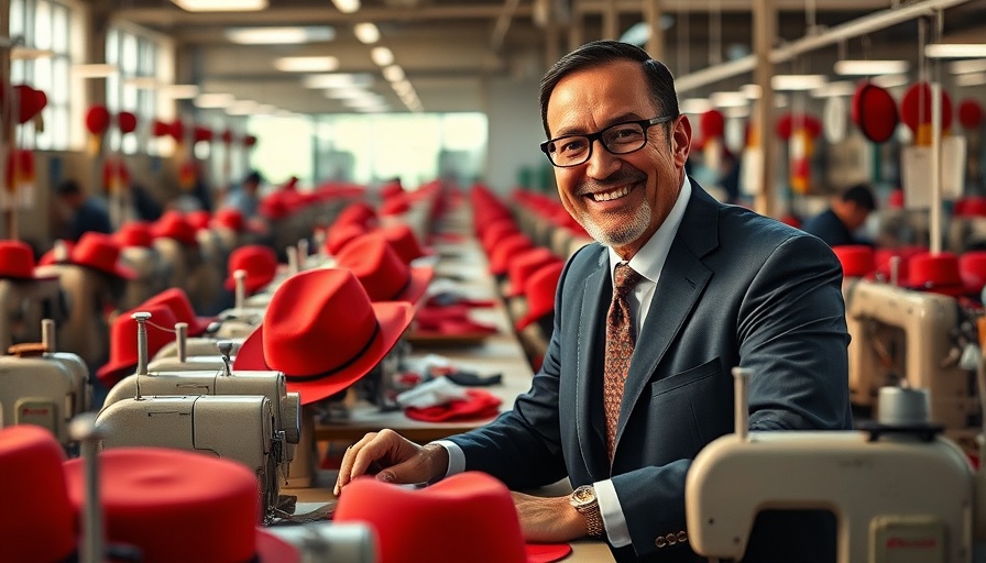 Smiling man in suit sewing hats at factory, social media theme.