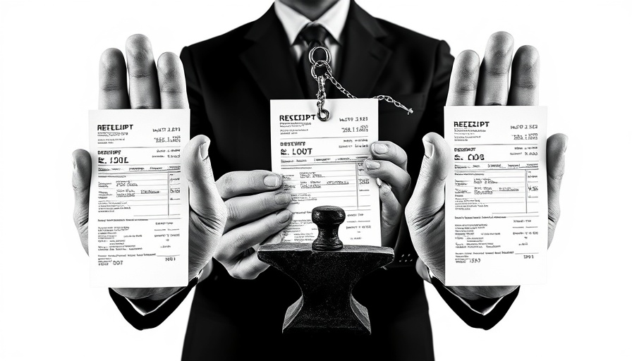 Three receipts with anvils symbolizing tariff surcharges and price increases.