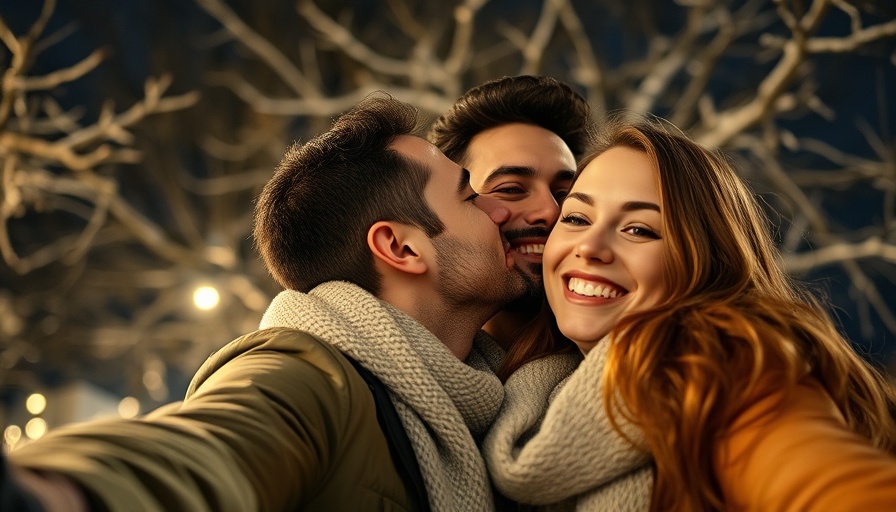 Couple's selfie with cheek kiss, evening social media moment.