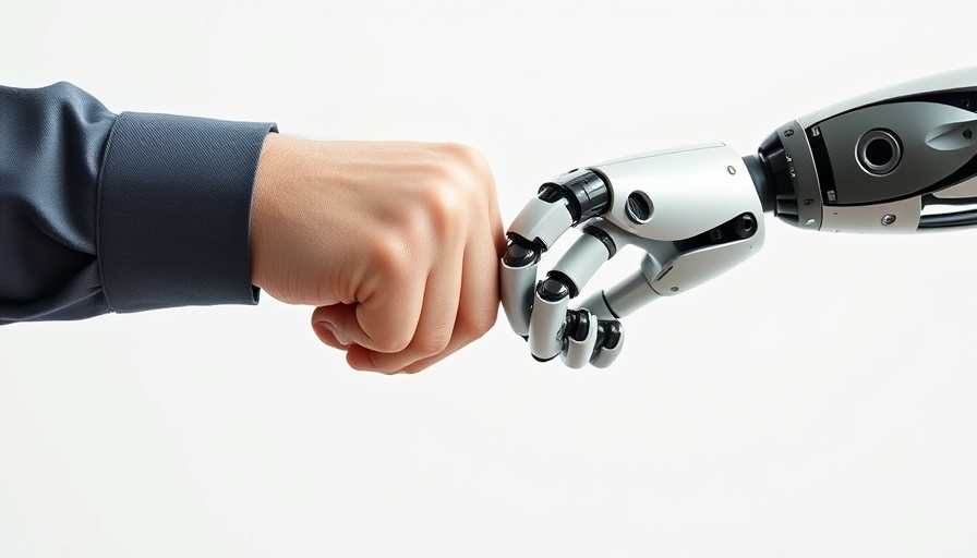 Human and robotic hands fist-bump, symbolizing personalization of employee benefits.
