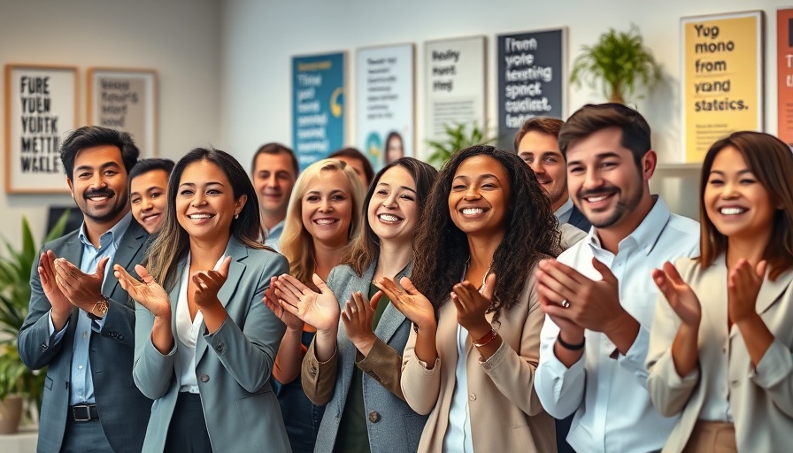 Group of people clapping in office, symbolizing workplace recognition.