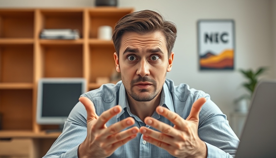 Confused man working on laptop, gesturing frustration.