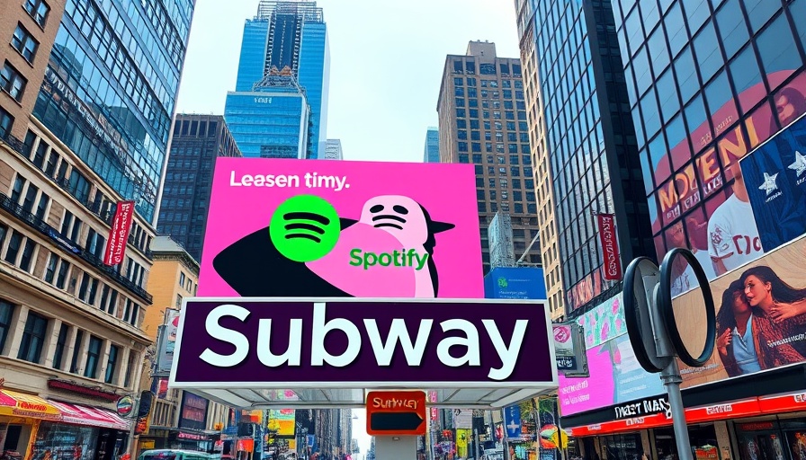 Colorful Spotify ad in urban cityscape with pink hats.