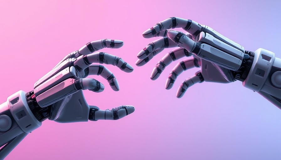 Textured robotic hands reaching out in a futuristic digital scene