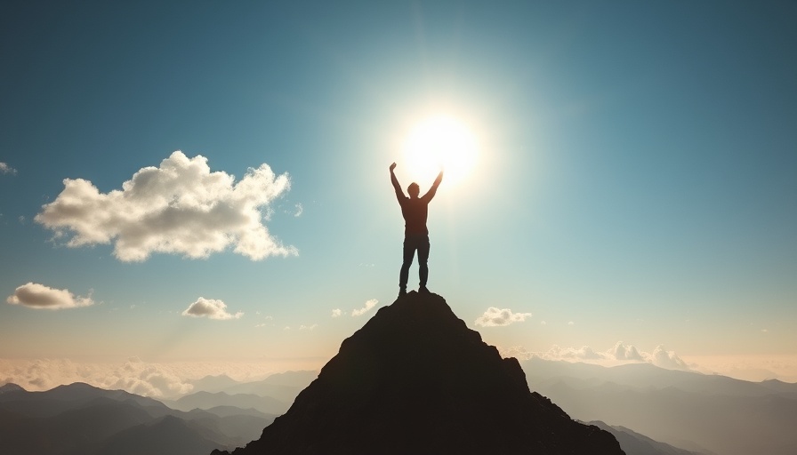 Silhouette on mountain under bright sun, symbolizing achievement.