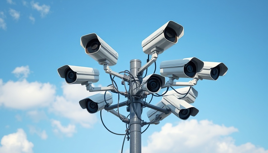 Surveillance cameras against a blue sky, related to ICE Clearview AI Immigrant Targeting.