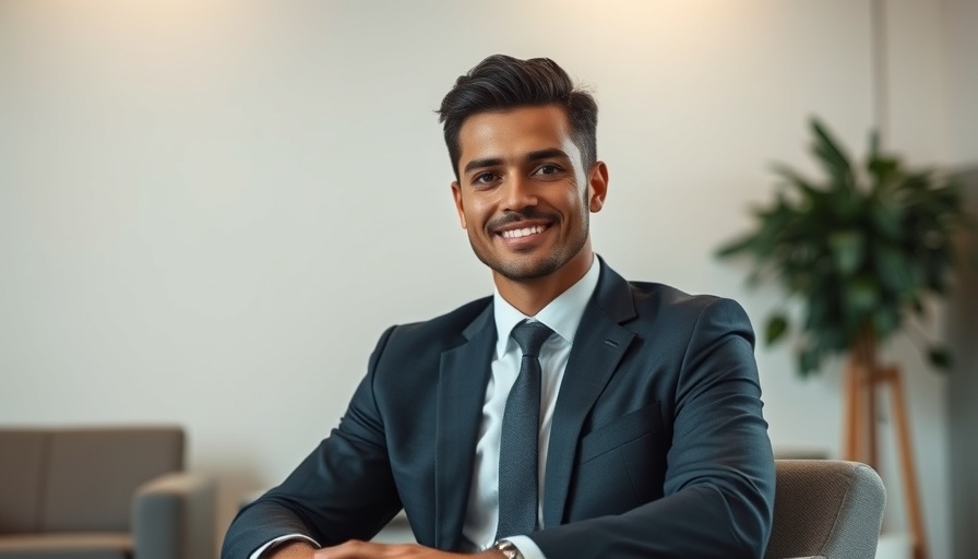 Young man in a suit sitting confidently in a professional setting.