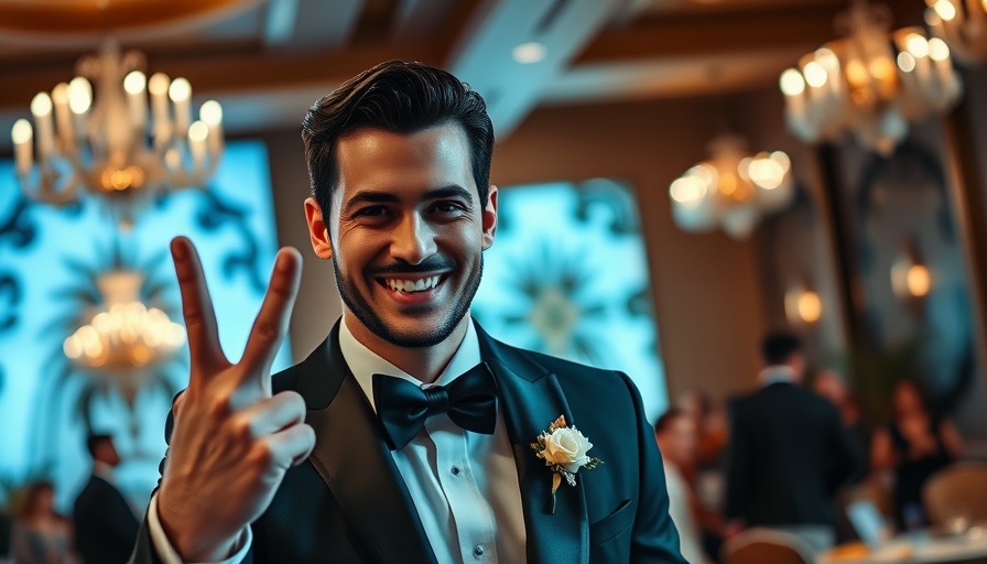 Stylish man at event posing with peace sign in black and white attire.