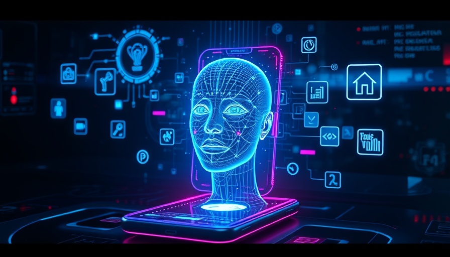 Futuristic AI chatbot interface with digital face and icons.