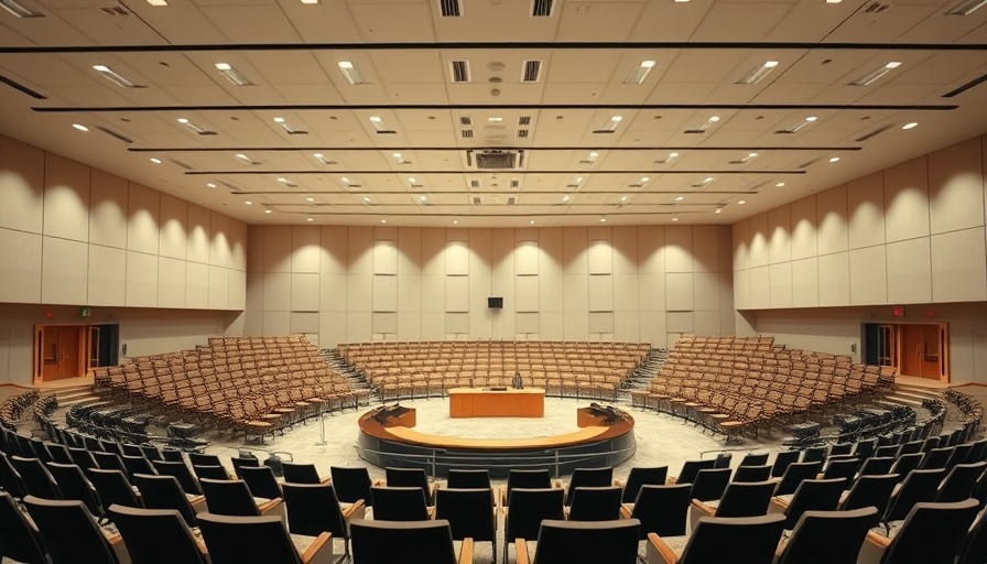 Modern auditorium setup, ready for a social media mental health accountability event.