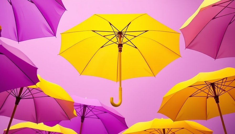 Yellow umbrella standing out among purple ones, symbolizing AI optimism.