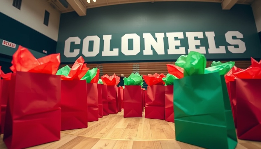 Caverna Schools gym with paper bags on court displaying 'Colonels'.