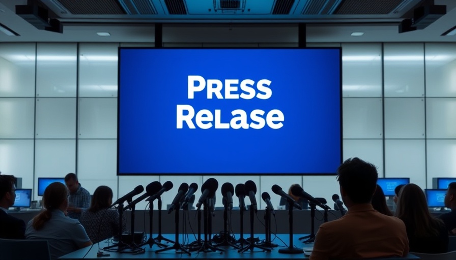 Media conference room with press release screen and setup.