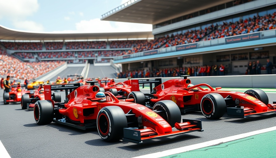 Life-size LEGO F1 cars on race track with crowd.