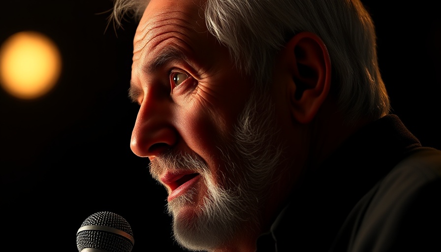 Side profile of man speaking into microphone, low light