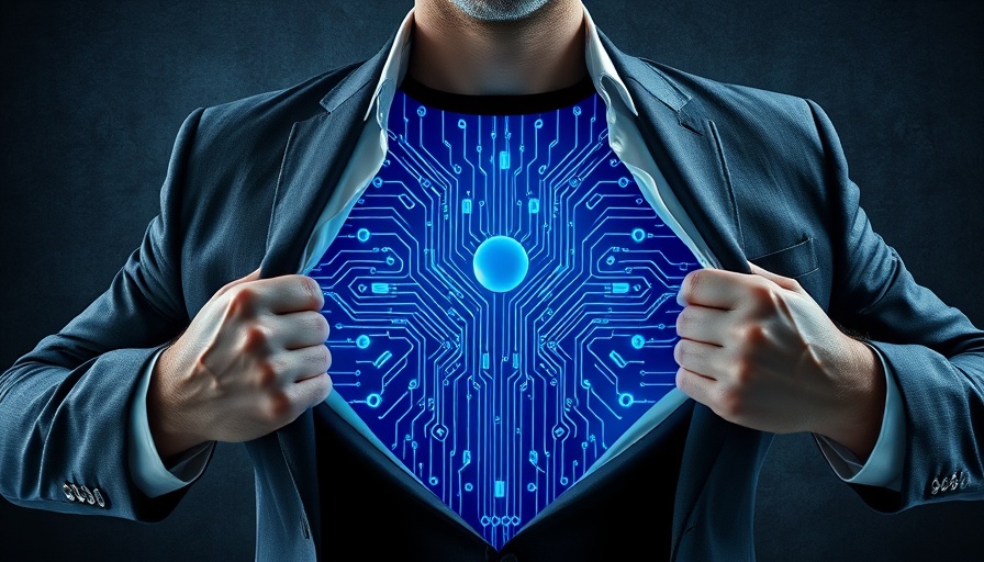 Man revealing circuit board on chest for autonomous IT management concept
