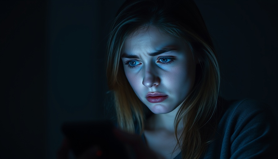 Young woman looking worriedly at smartphone, social media impact.