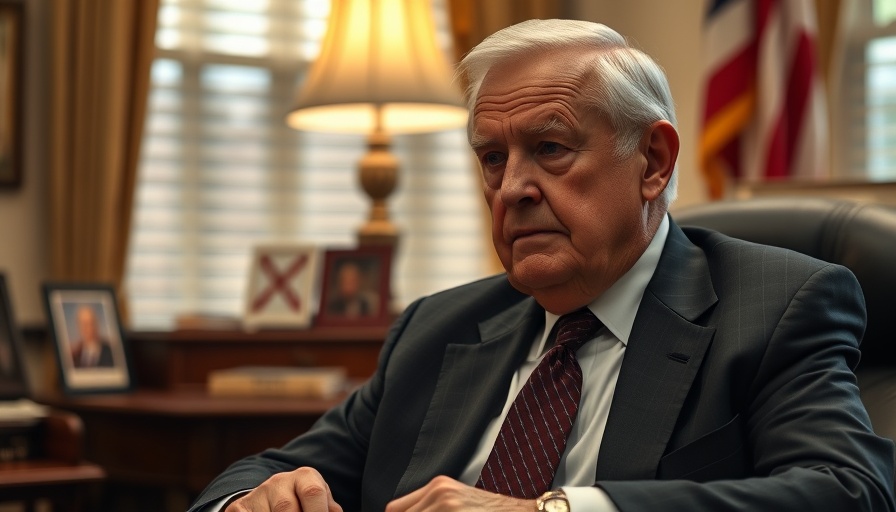 Elderly man in office setting with thoughtful expression