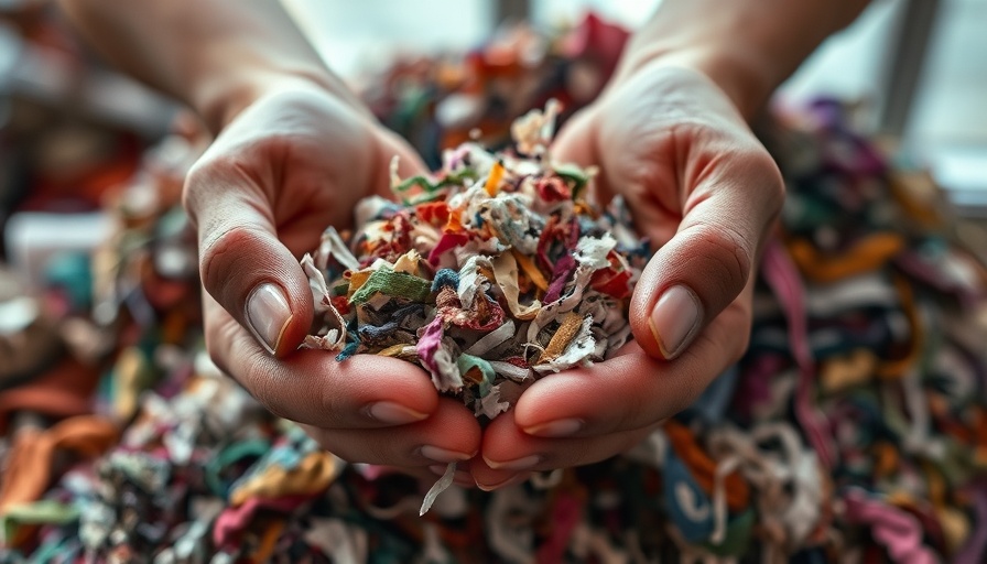 Close-up hands holding shredded clothing material for new way to recycle clothing.