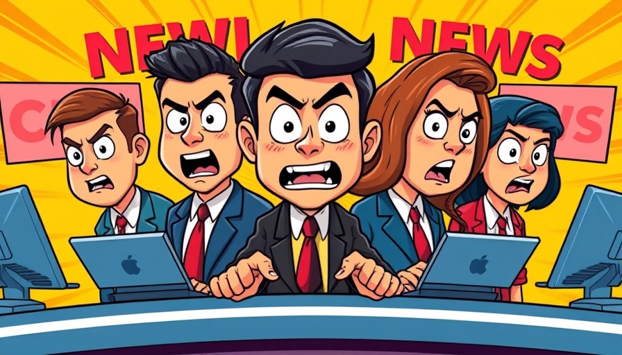 Animated news anchors with dramatic headlines in a social media themed cartoon.