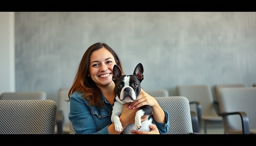 Cheerful woman with Boston terrier in a waiting room, social media moment.