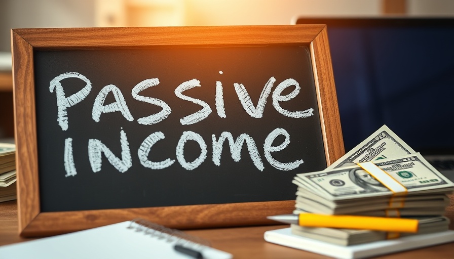 Chalkboard with 'Passive Income' surrounded by money and a laptop.
