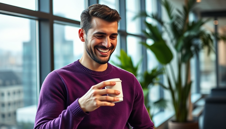 Happy man enjoying a break with coffee and phone in a bright office.