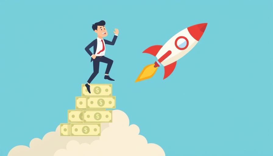 Businessman climbing money steps towards a rocket, symbolizing Angel Investor vs. Venture Capital.
