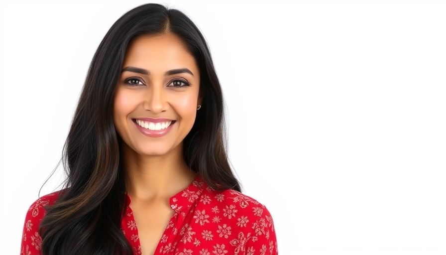Smiling woman in a red blouse.