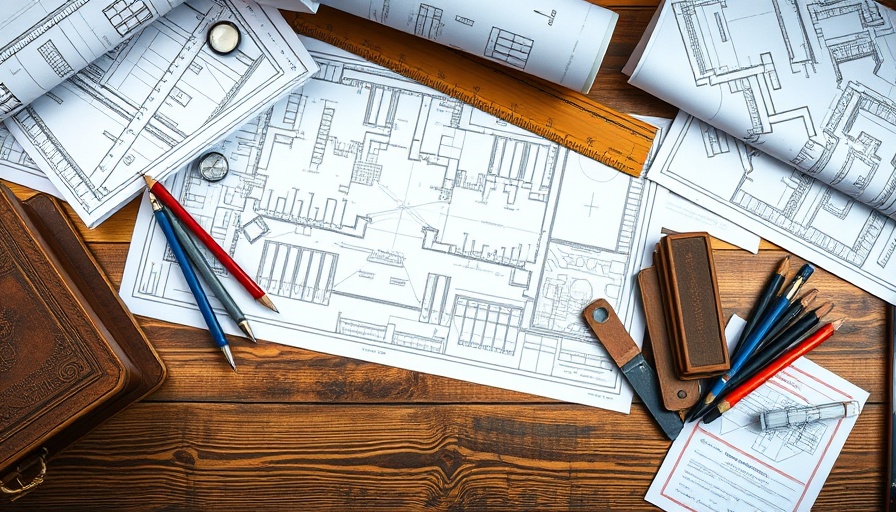 Airstream Frank Lloyd Wright trailer blueprints with drafting tools.
