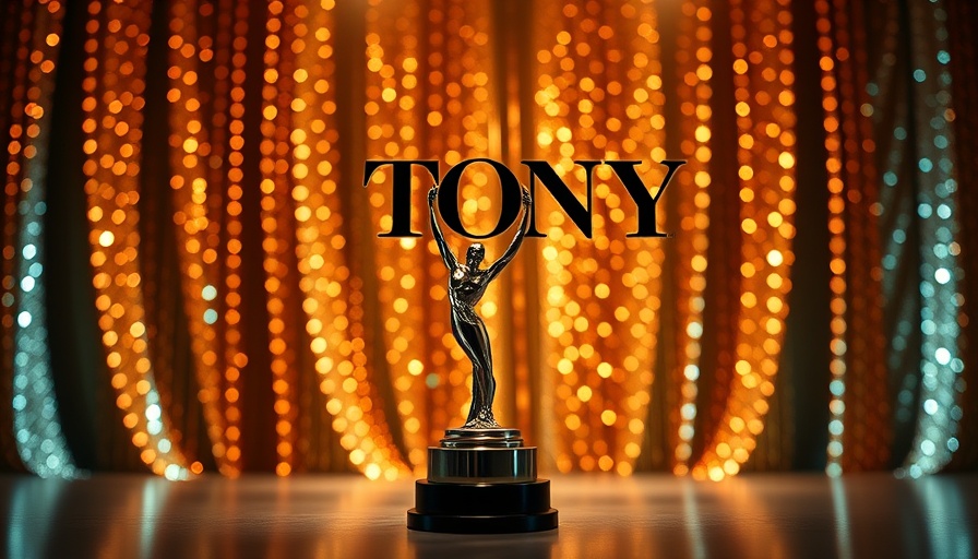 Tony Award trophy gleaming under spotlight with warm textured background.