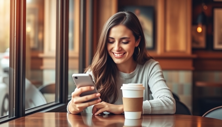Smiling woman in cafe using smartphone, Grow on LinkedIn by Breaking Rules