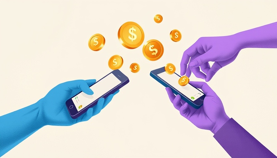 Digital transaction with coins transferring via smartphones, modern illustration.