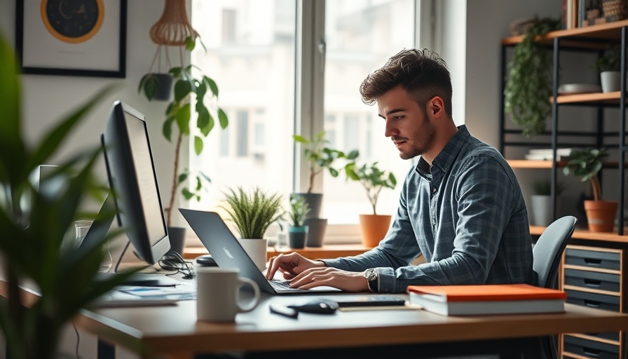 Freelancer working with tech stack in a modern home office.