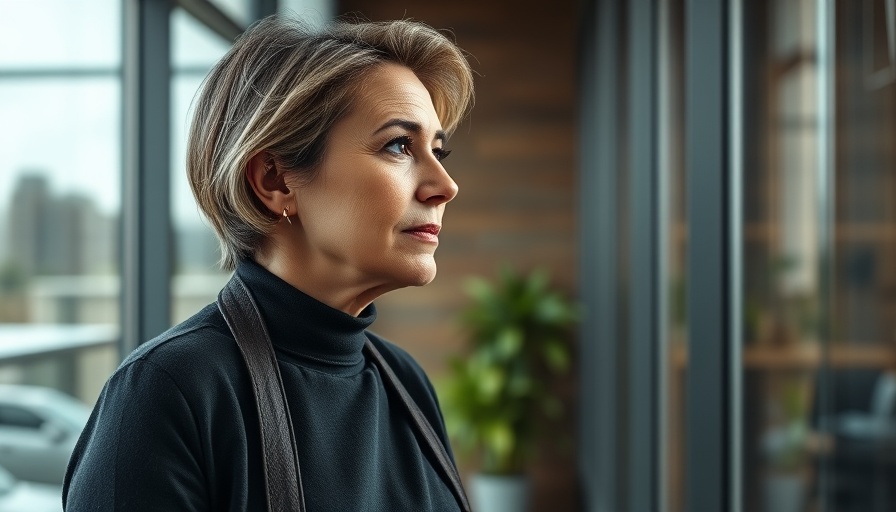 Understanding burnout: Woman thoughtfully looking out window in office.