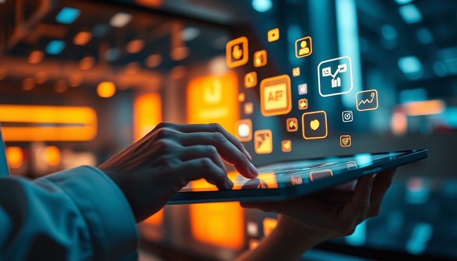 Futuristic digital marketing symbols in 2025, glowing over a tablet.